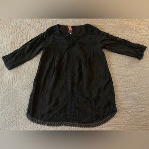 Johnny Was Black Pom Pom Lace-Trim Tunic Top 3/4 Sleeve Embroidered Small Rayon